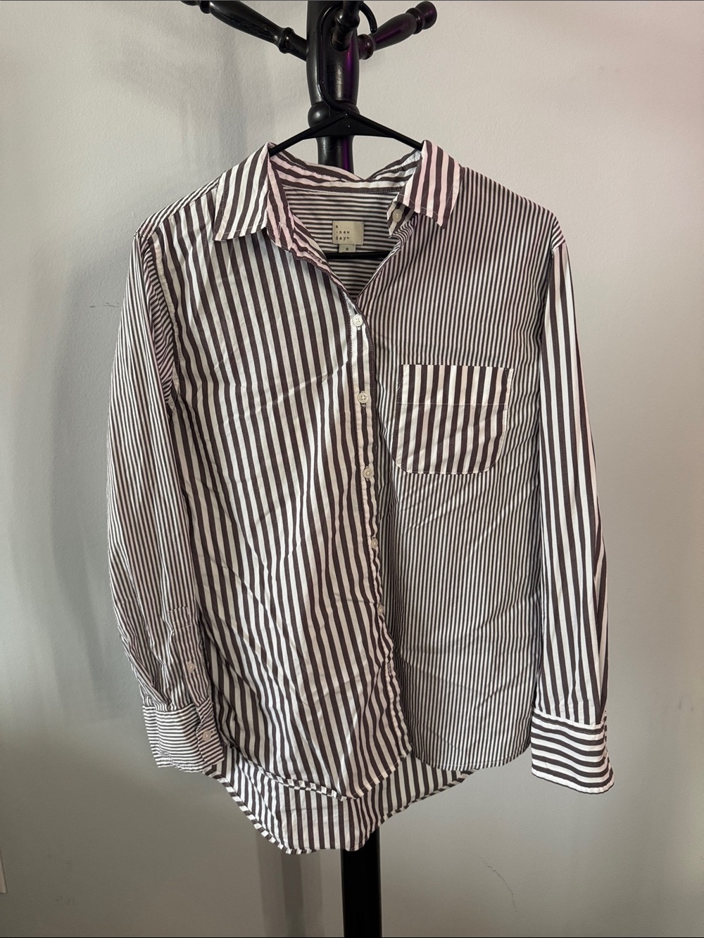 Striped Button-Up Shirt - White & Brown